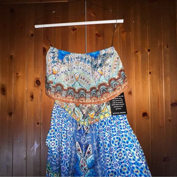 BOSTON PROPER Strapless Boho Print Jumpsuit with Tassel Details, Size Medium - Picture 2 of 5